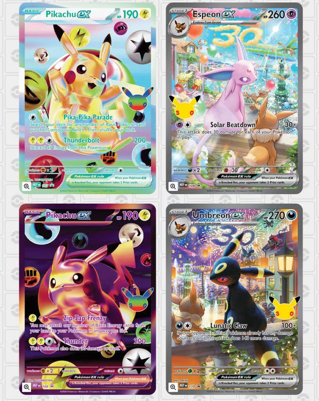 Pokemon 30th Celebration UPC Umbreon ex, Espeon ex and Pikachu ex Promo Sets